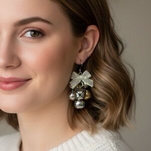 Jingle Bell Cluster Christmas Holiday Dangle Earrings Silver Gold